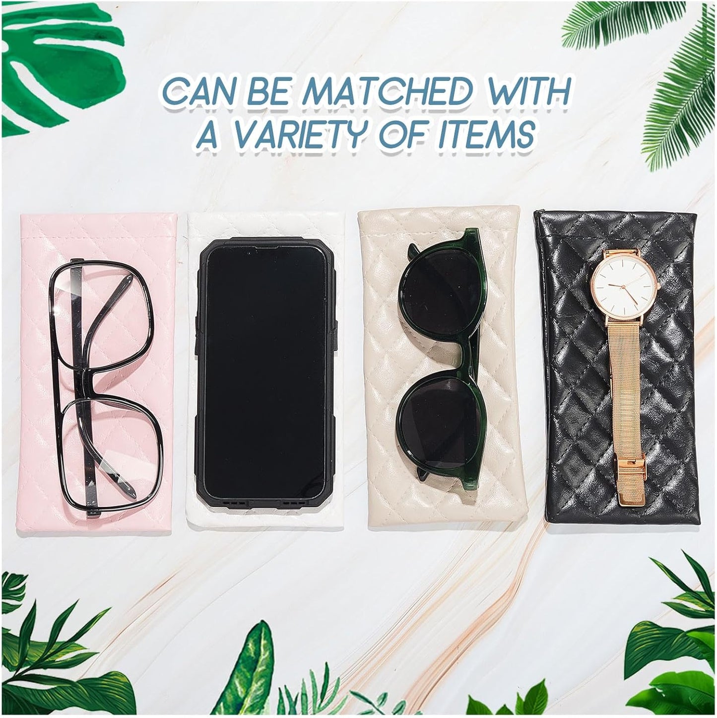 8 Pcs Squeeze Top Sunglasses Case Soft Leather Sunglass Pouch Portable Eyeglass Glasses Bag for Cosmetic Makeup Pink, Light Brown, White, Black