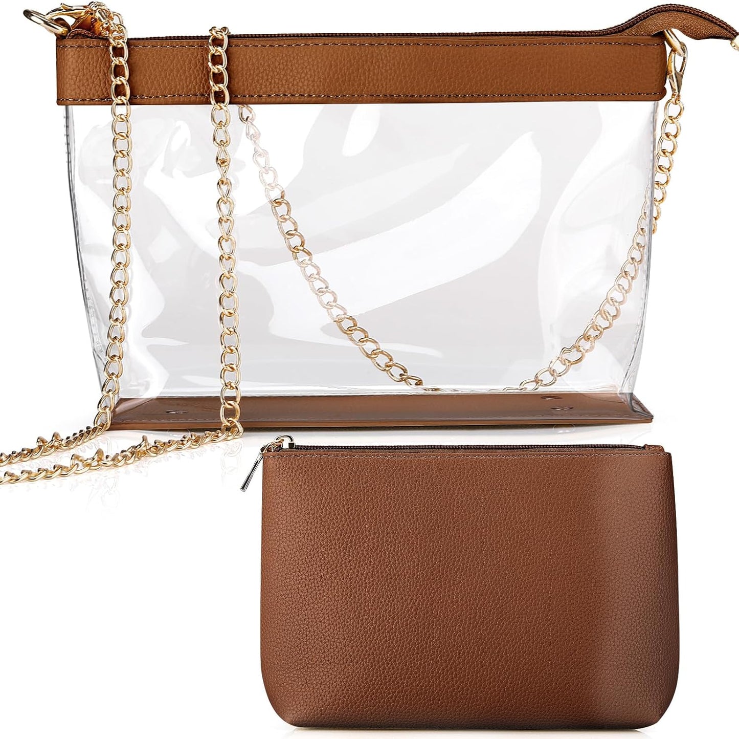 2 Pcs Clear Crossbody Bag for Women Stadium Approved Set Purse Handbags and Small Storage Pouch Brown