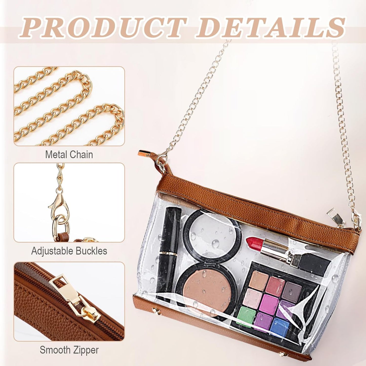 2 Pcs Clear Crossbody Bag for Women Stadium Approved Set Purse Handbags and Small Storage Pouch Brown