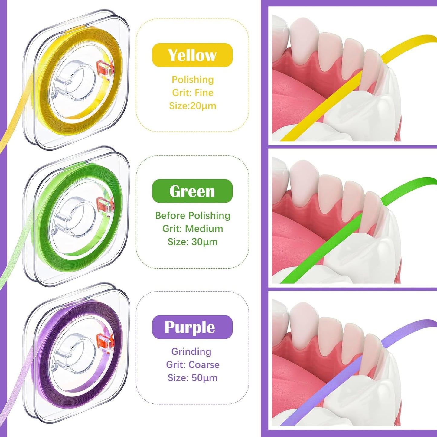 Dental Polishing Strips Tooth File 3 Rolls 4mm x 600mm Polisher Teeth Sanding Grinding Deep Cleaning Tool Polish Abrasive Strip Oral Care(Coarse, Fine, Medium,Multi Color)  Multi Color
