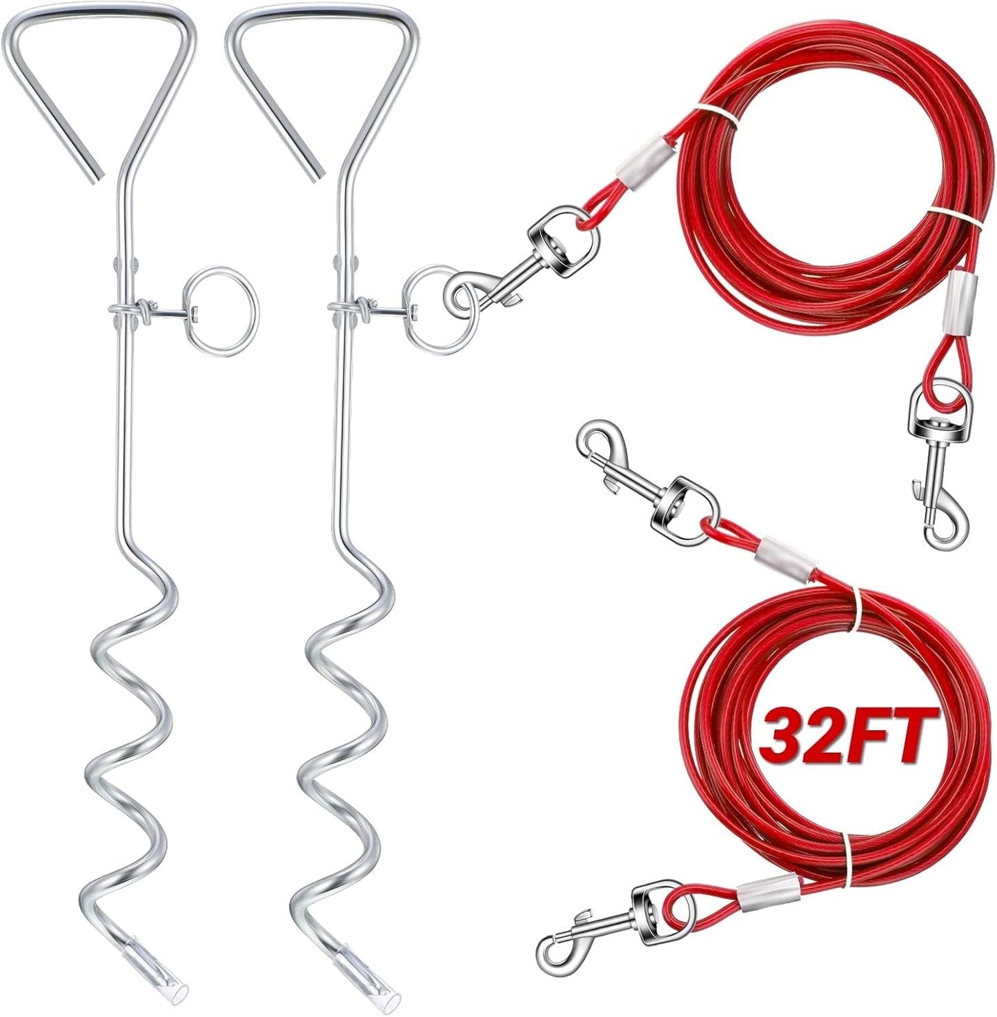 2 Set Dog Tie Out Cable and Stake - 30ft Leash Chain, 16" Spiral for Outside Yard Medium to Large Dogs up 125 Lbs (Red) Red