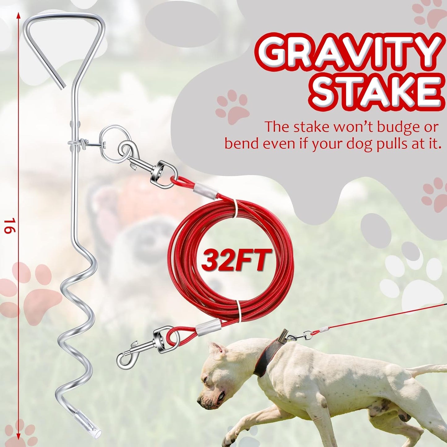 2 Set Dog Tie Out Cable and Stake - 30ft Leash Chain, 16" Spiral for Outside Yard Medium to Large Dogs up 125 Lbs (Red) Red
