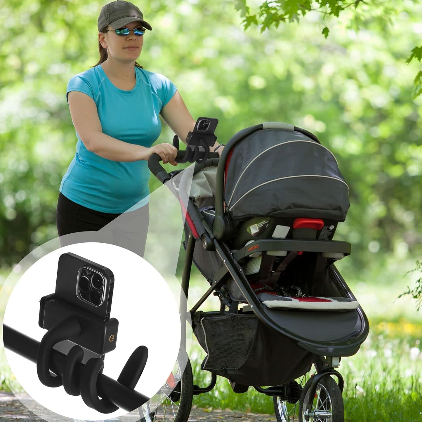 2 Pcs Stroller Phone Holder Portable Cell Stand Universal Accessories for Parent Baby Toddler Cellphone Clamp with Non Slip Silicone Arm Grip(Black,Novel) Black