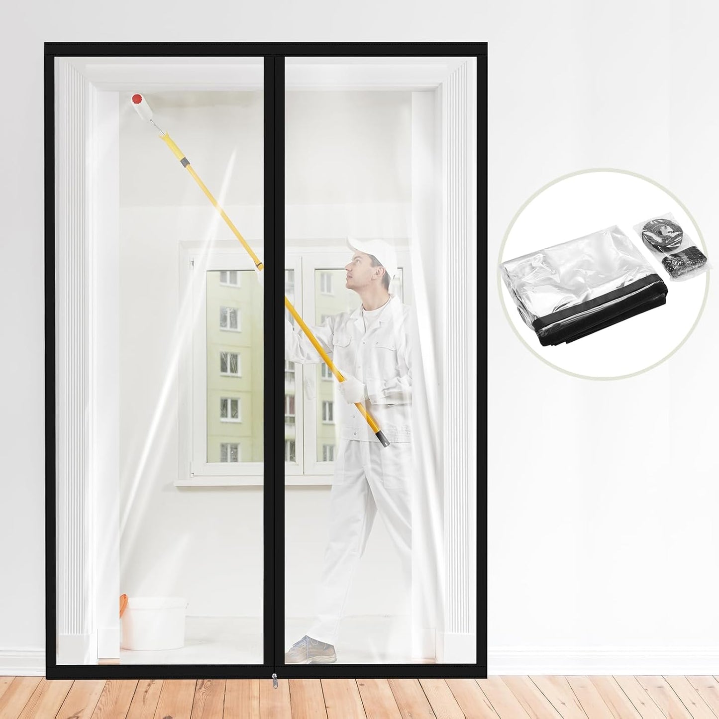Zipper 60 x 102 Inch Dust Barrier Door Kit Construction 5 8.5 ft Reusable Plastic Curtain Cover Containment Standard Doorway Temporary Wall Screen Sheeting for Bathroom Hallway Black