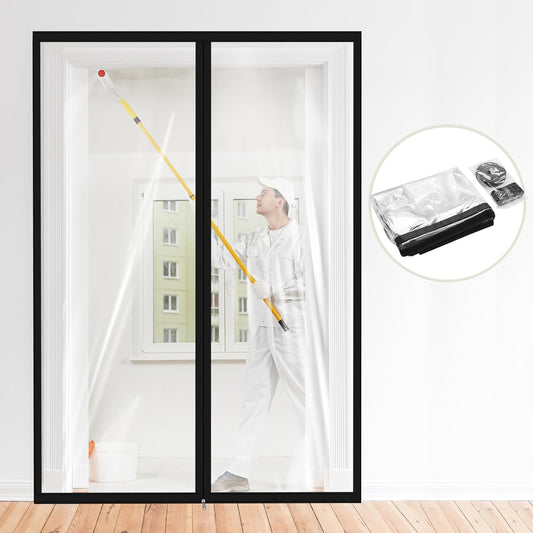 Zipper 60 x 102 Inch Dust Barrier Door Kit Construction 5 8.5 ft Reusable Plastic Curtain Cover Containment Standard Doorway Temporary Wall Screen Sheeting for Bathroom Hallway Black
