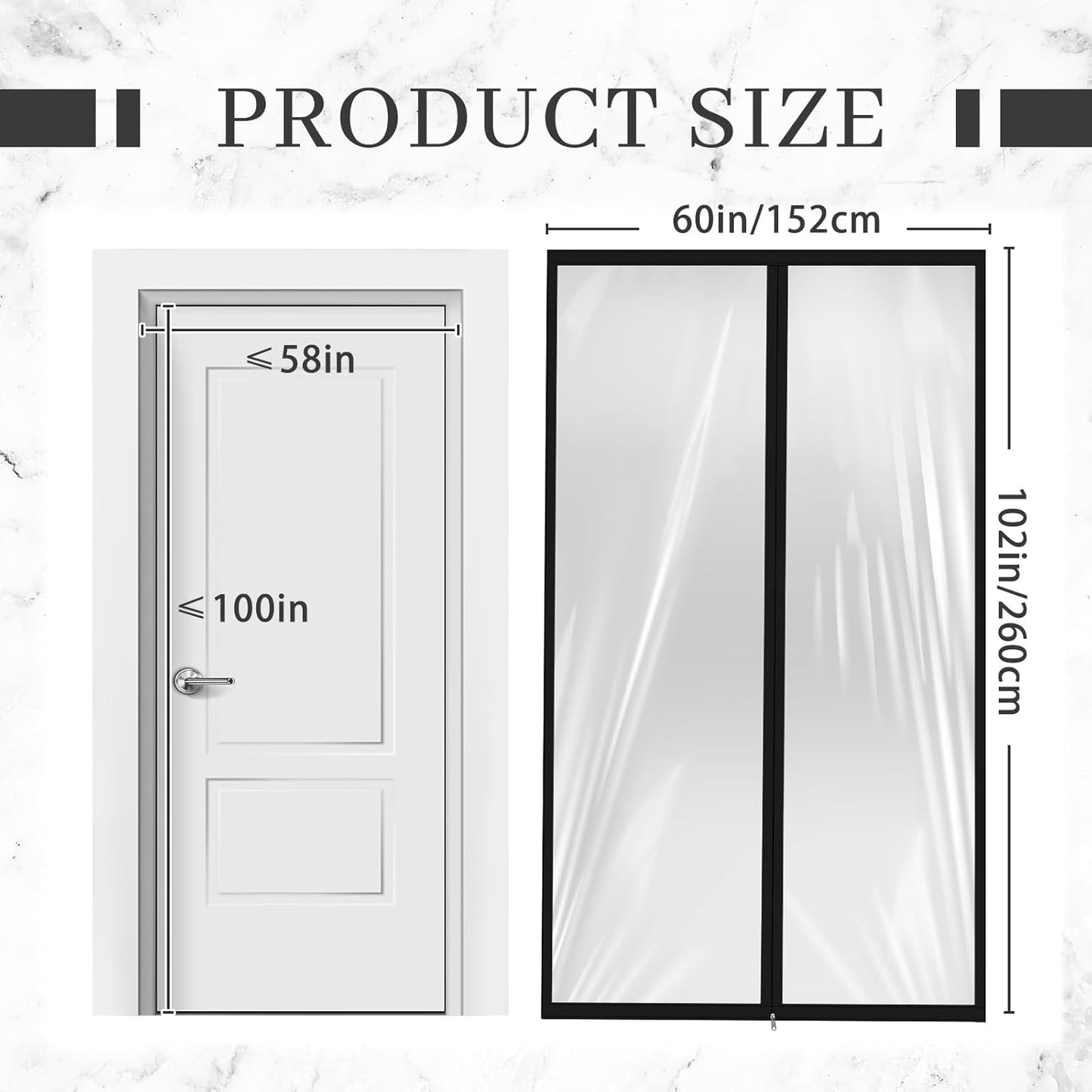 Zipper 60 x 102 Inch Dust Barrier Door Kit Construction 5 8.5 ft Reusable Plastic Curtain Cover Containment Standard Doorway Temporary Wall Screen Sheeting for Bathroom Hallway Black