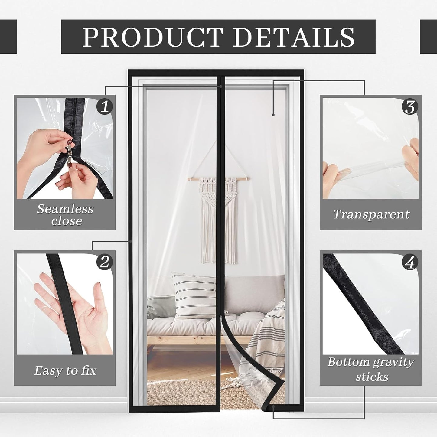 Zipper 60 x 102 Inch Dust Barrier Door Kit Construction 5 8.5 ft Reusable Plastic Curtain Cover Containment Standard Doorway Temporary Wall Screen Sheeting for Bathroom Hallway Black