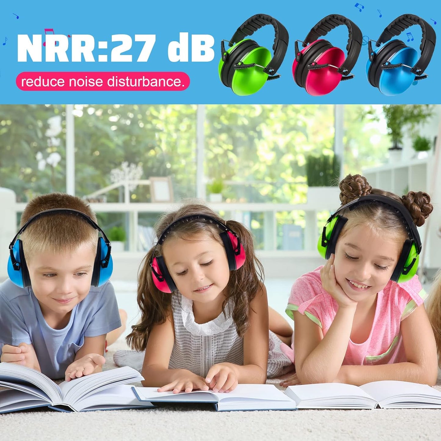 6 Pcs Noise Cancelling Headphones Kids Adult Ear Muffs Bulk, Protection 27db Reduction Hearing Earmuff(Novel Style,Green Pink Blue) Green Blue