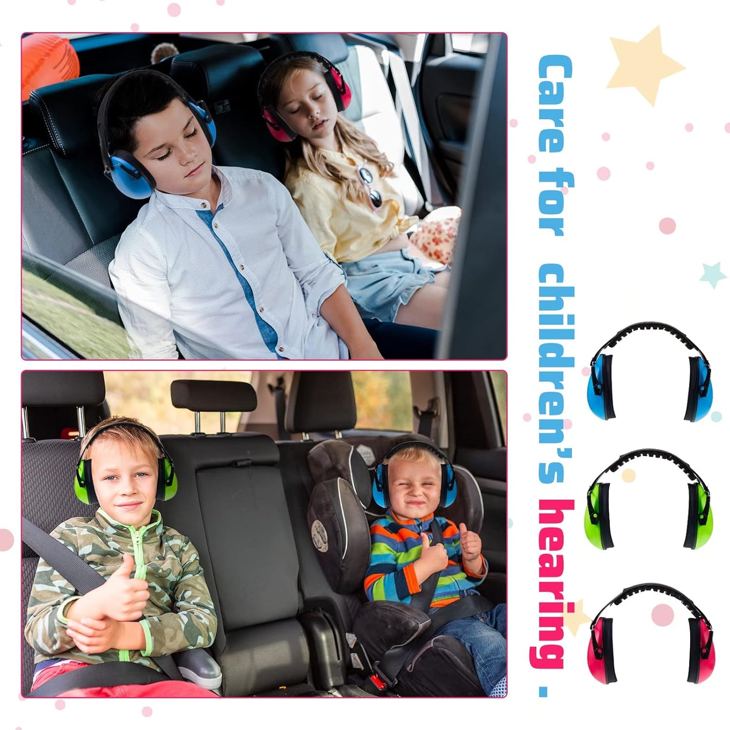 6 Pcs Noise Cancelling Headphones Kids Adult Ear Muffs Bulk, Protection 27db Reduction Hearing Earmuff(Novel Style,Green Pink Blue) Green Blue