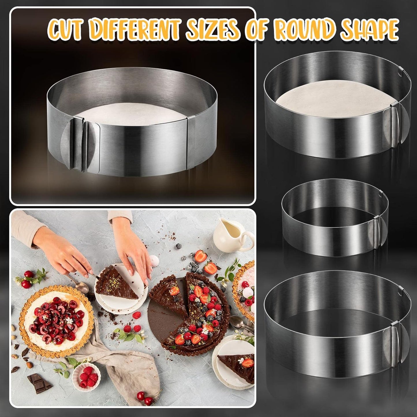 6-12 Inch Round Cookie Cutter Adjustable Circle Stainless Steel Cake Trimmer for Baking Kit Mousse Layered Biscuit Food Tiramisu Pastry