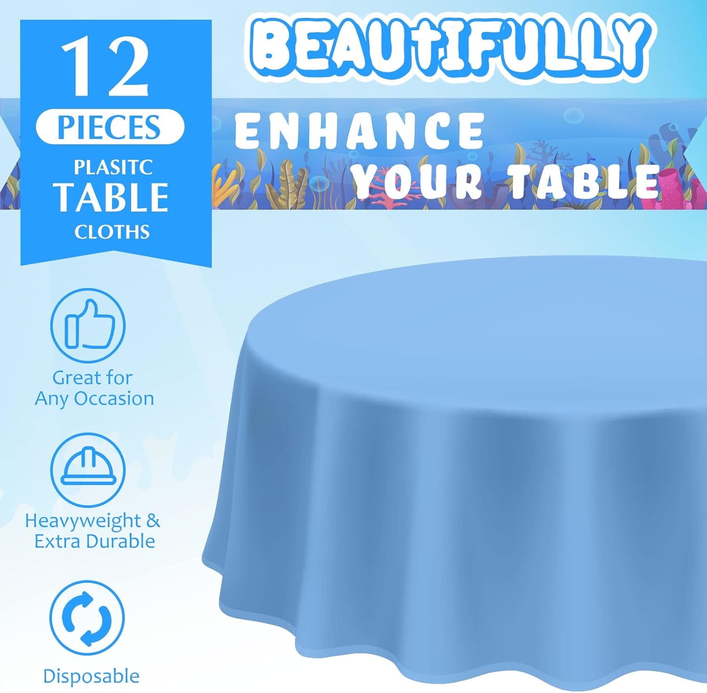 12 Pcs Ocean Theme Round Tablecloth,disposable Assorted Blue Tablecloth, Plastic Light Table Covers for Under the Sea Beach Surf Pool Party Birthday Decoration, 84" Inch