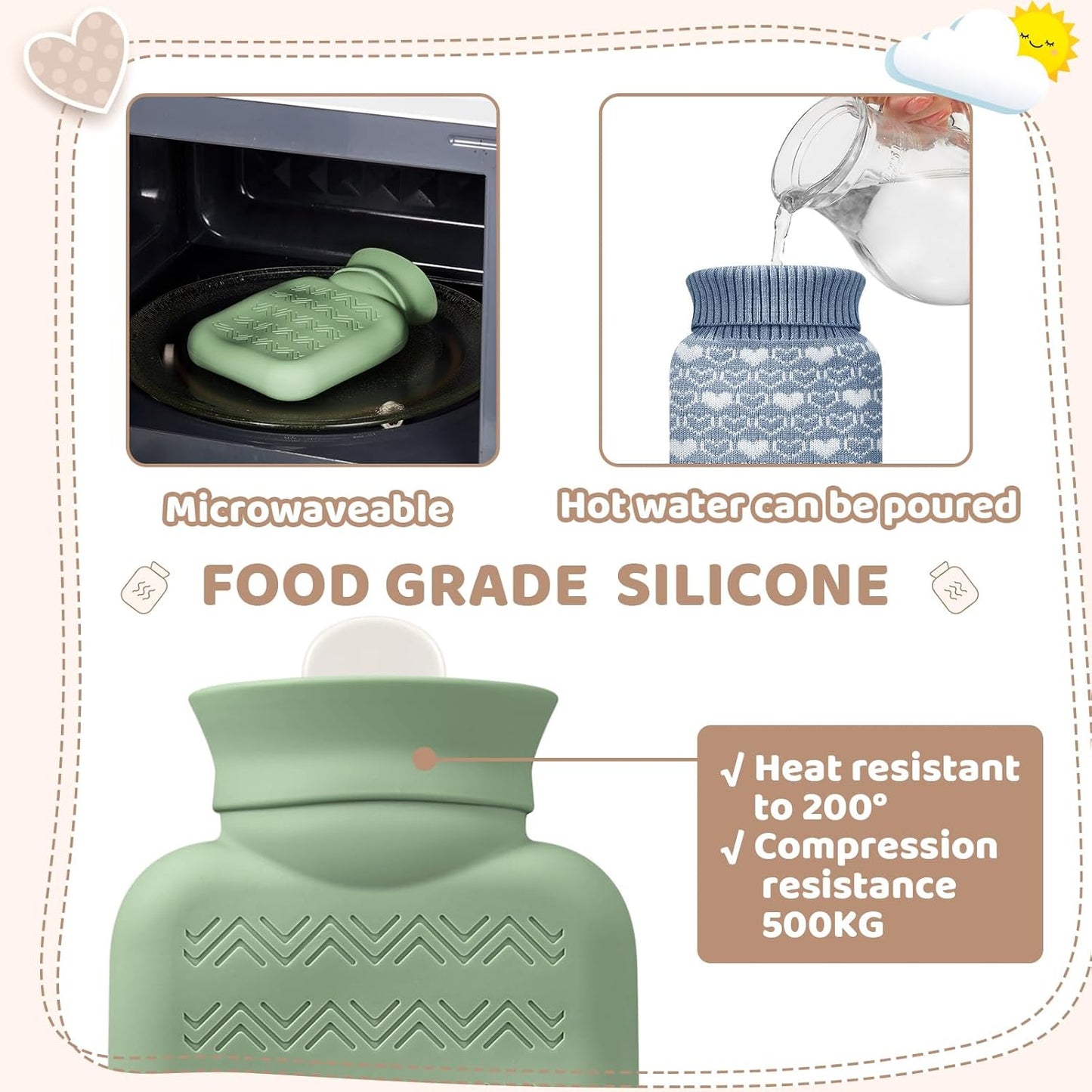 3 Pcs Mini Hot Water Bottle for & Cold Compress with Cover 320ml Silicone Microwave Heating Bottles Small Bag Travel Holiday Gift(Beige, Green, Blue,Heart Print) Beige, Blue Heart Print