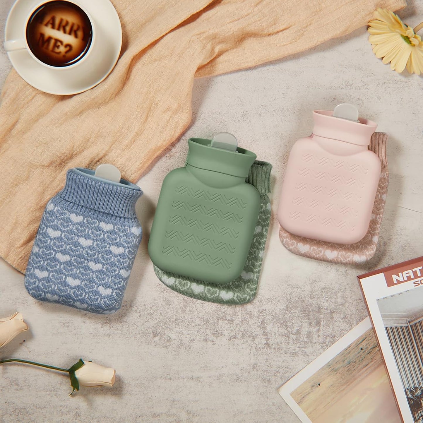 3 Pcs Mini Hot Water Bottle for & Cold Compress with Cover 320ml Silicone Microwave Heating Bottles Small Bag Travel Holiday Gift(Beige, Green, Blue,Heart Print) Beige, Blue Heart Print