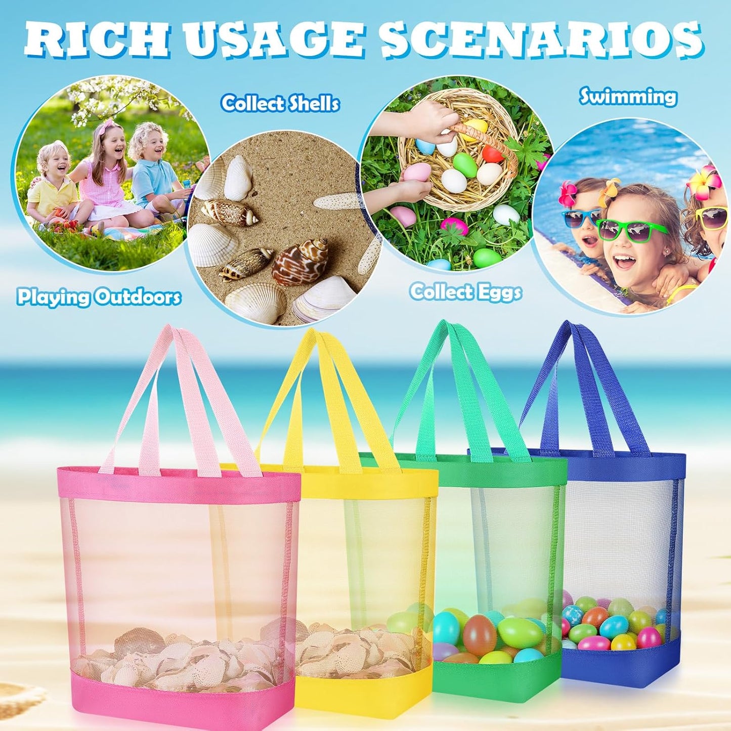 11 x 12.9 Inche Mesh Beach Tote Bags Mini Pool Reusable Colorful Polyester for Travel Party Swim Toys
