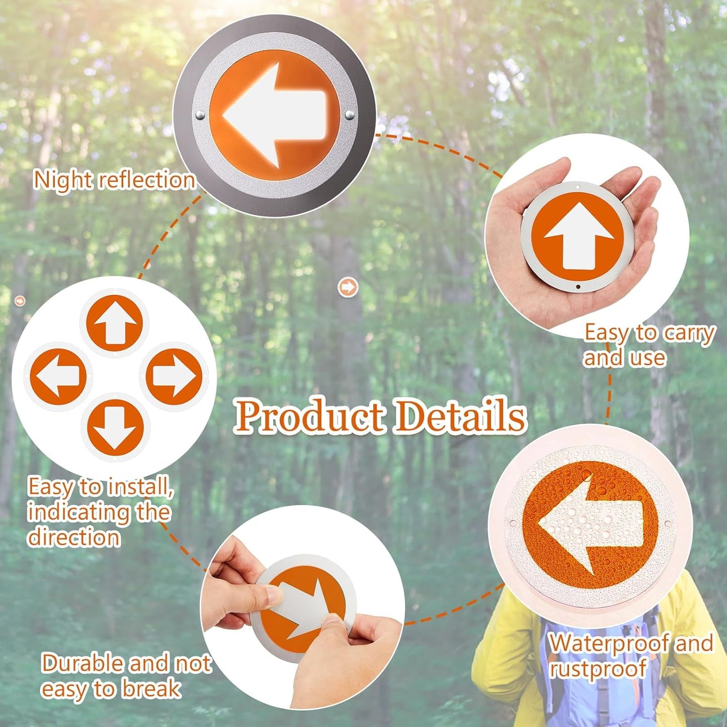 Reflective Trail Markers Bright Signs Lightweight Glow Arrows for Tree Marking Reflector Camping Hunting Hiking and More, Orange