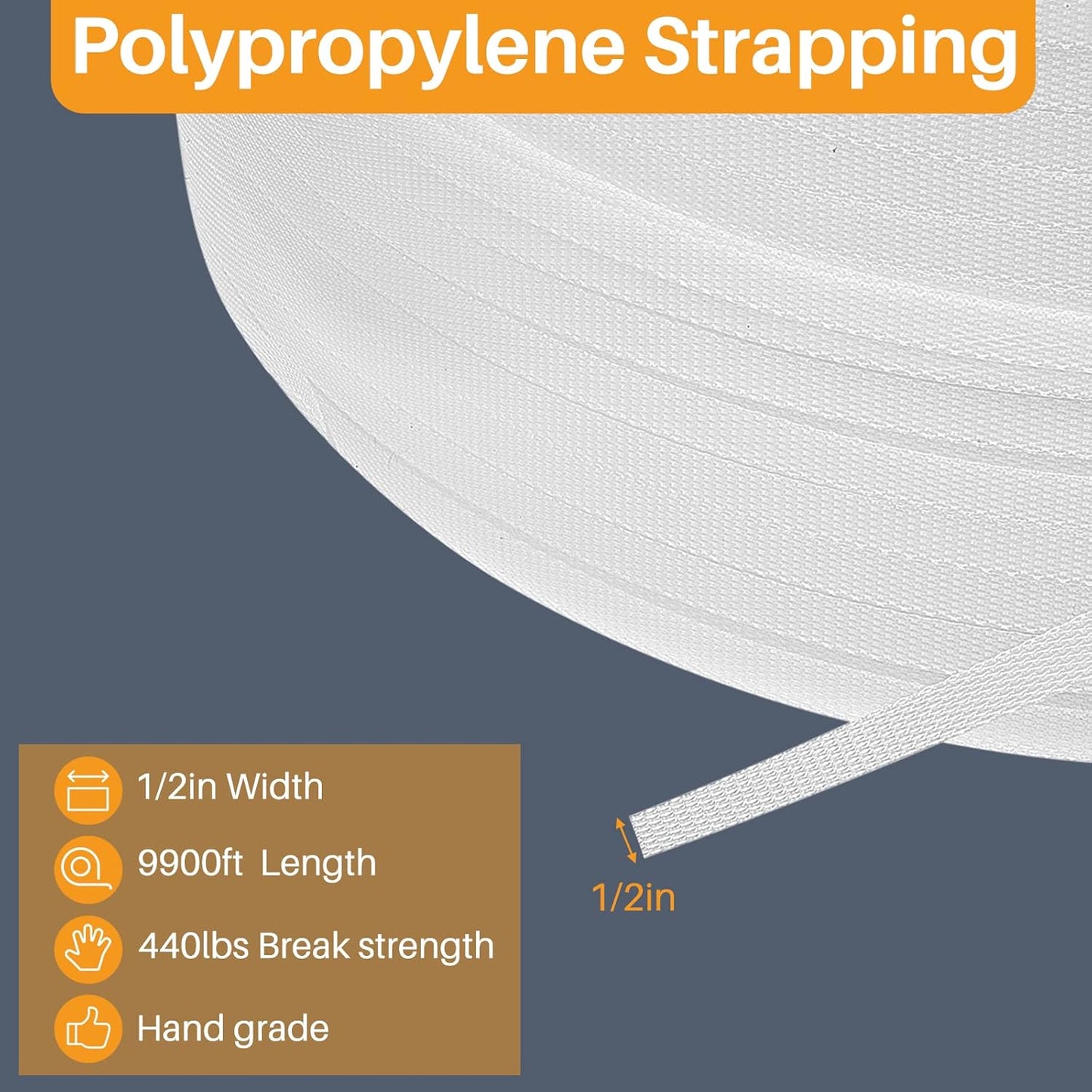 1/2 Inch Strapping, Polypropylene (PP) Heavy Duty Poly Packaging Strapping Roll 440 Lbs Break Strength for Banding Packing Industrial Machine(9900 ft,White) White 9900 ft