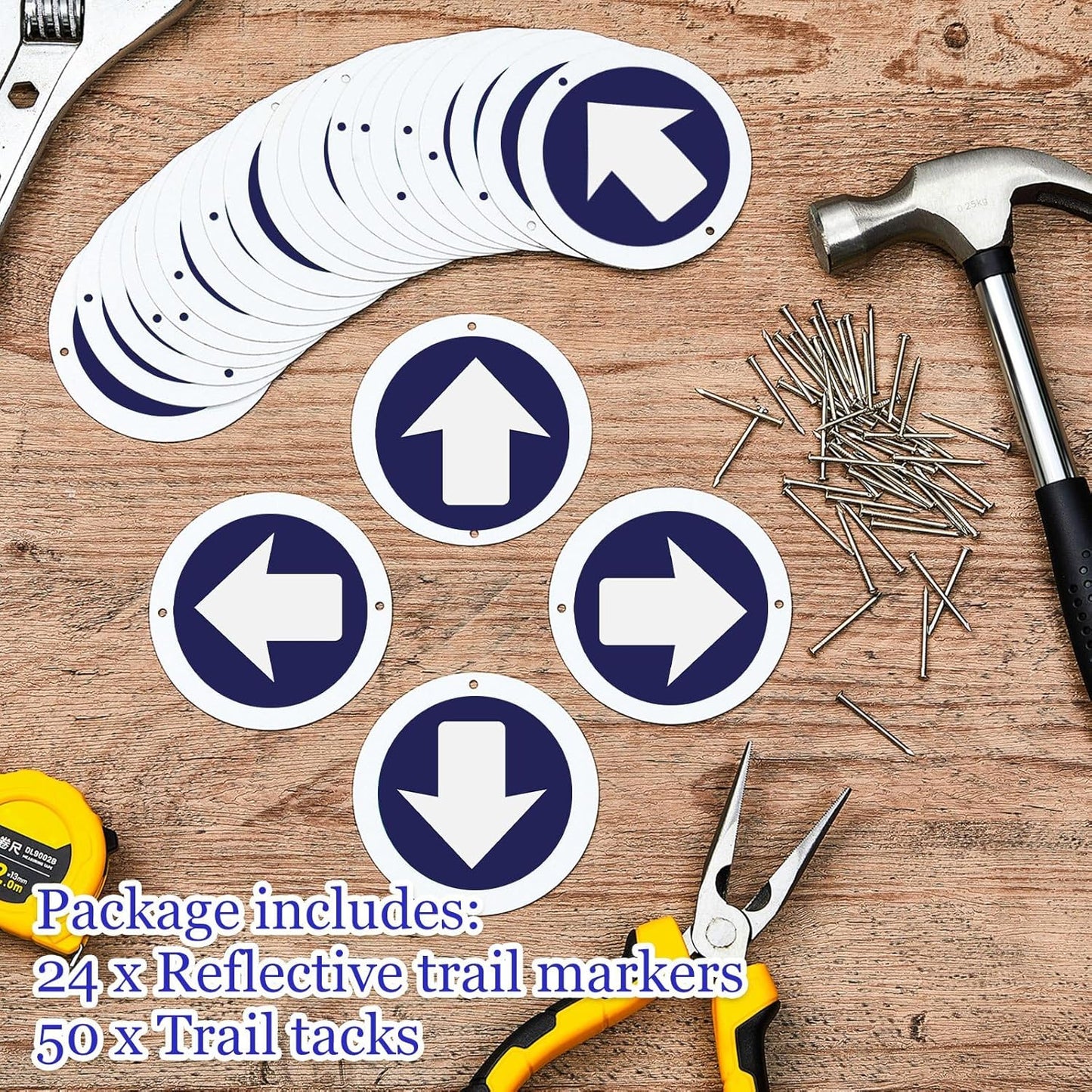 24 Pieces Bright Reflective Trail Markers Round Bin Marker with Tacks Aluminum Signs Thumb for Hunting Hiking Camping and More Blue