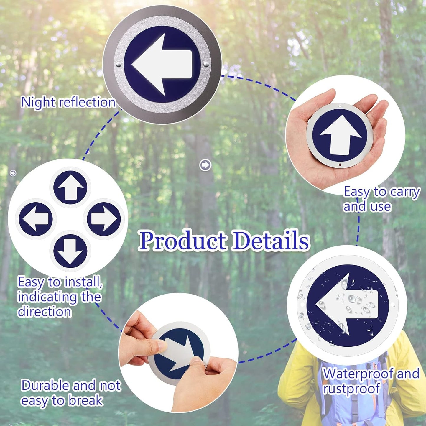 24 Pieces Bright Reflective Trail Markers Round Bin Marker with Tacks Aluminum Signs Thumb for Hunting Hiking Camping and More Blue