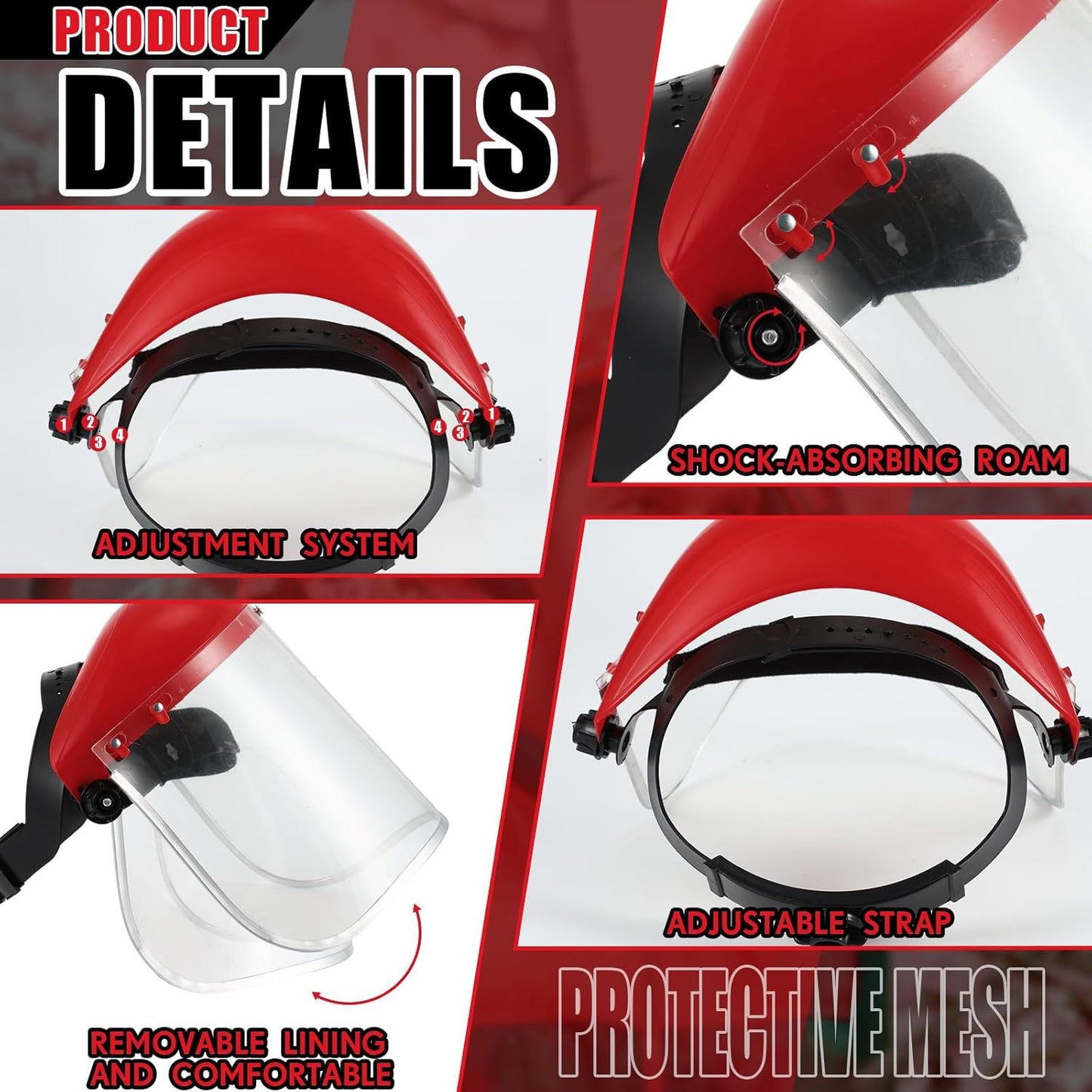 2 Pcs Safety Face Shield Mask Full Impact Clear with Crown for Grinding Cutting Weed Moving Construction (Red,Clear) Red,