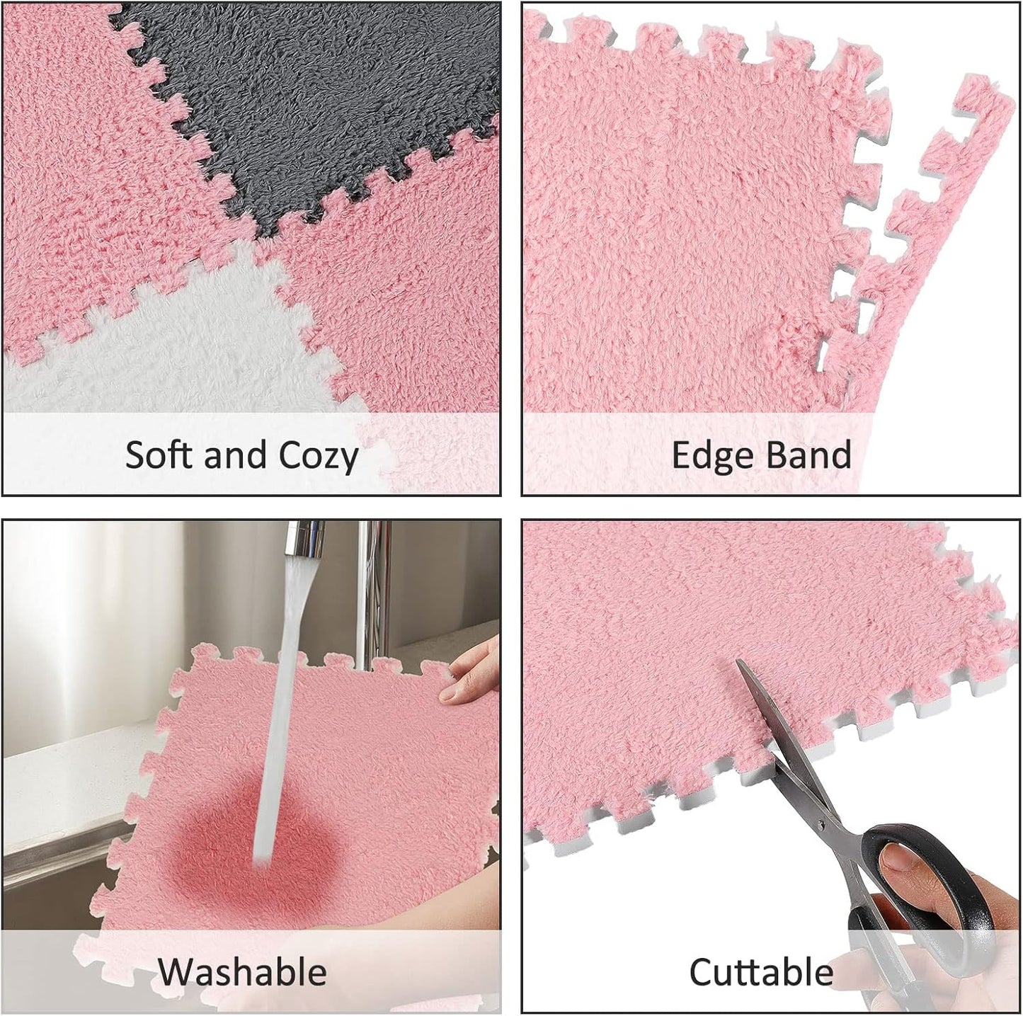 72 Pieces Plush Foam Floor Mat Square Interlocking Carpet Tiles with Border 12 x 0.4 in Fluffy Play Soft Climbing Area Rugs for Home Playroom(White, Gray, Pink) White, Pink