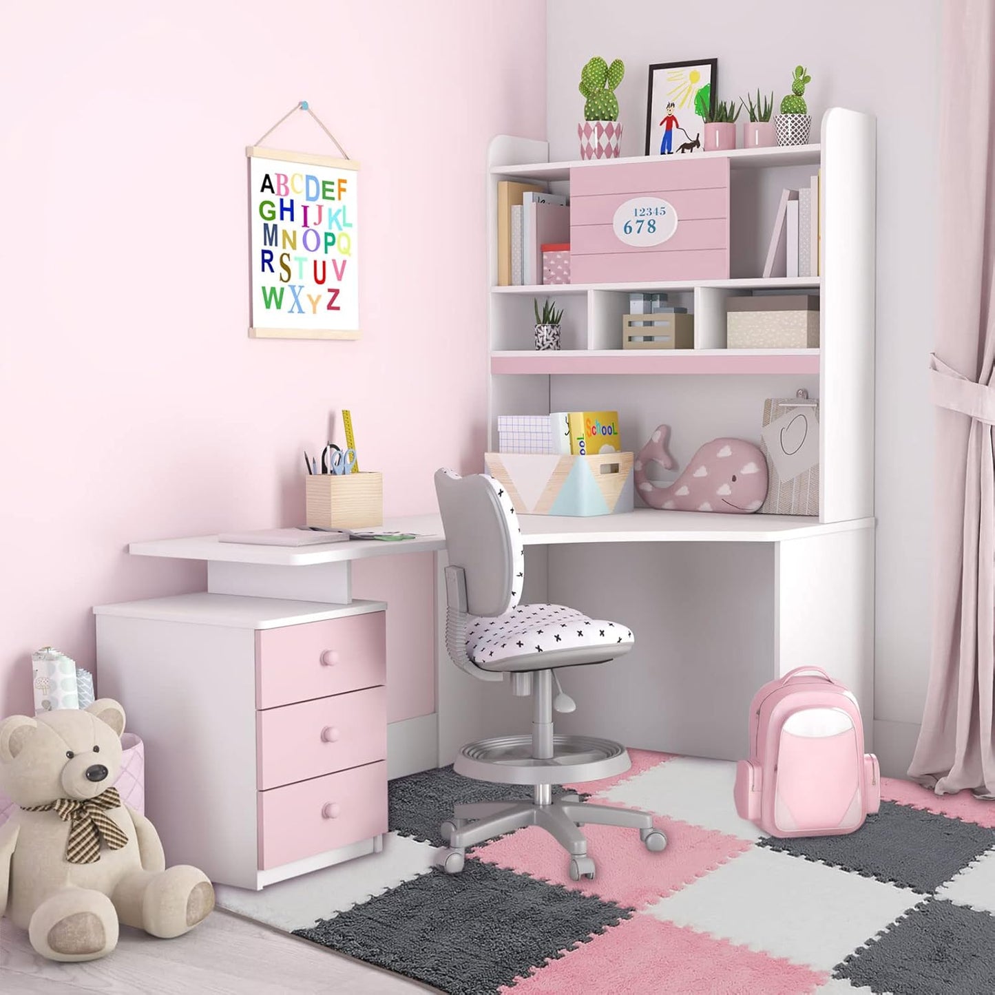 72 Pieces Plush Foam Floor Mat Square Interlocking Carpet Tiles with Border 12 x 0.4 in Fluffy Play Soft Climbing Area Rugs for Home Playroom(White, Gray, Pink) White, Pink