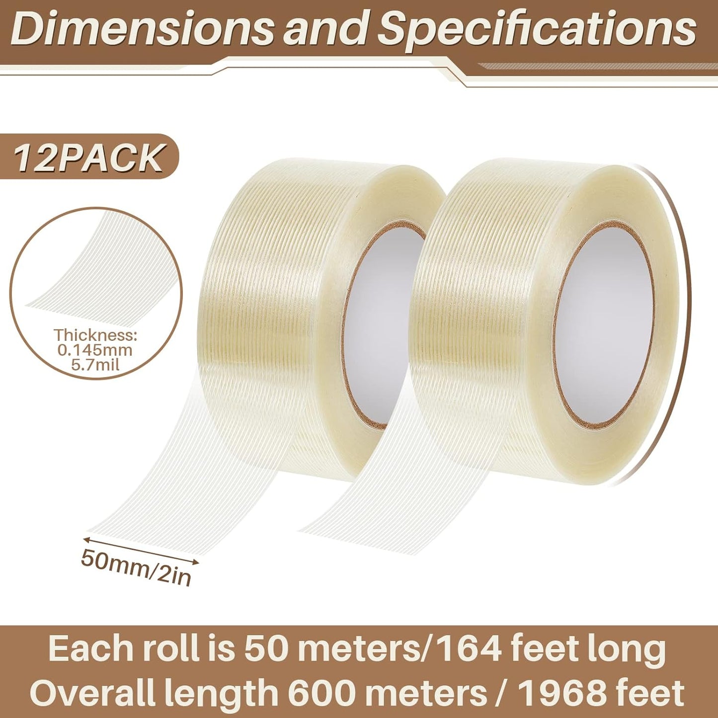 12 Rolls Filament Strapping Tape 5.7 Mil Heavy Duty Transparent Reinforced Fiberglass for Packaging Sealing Binding Fixing Supplies(2 Inch x 55 Yard)  2 Yard