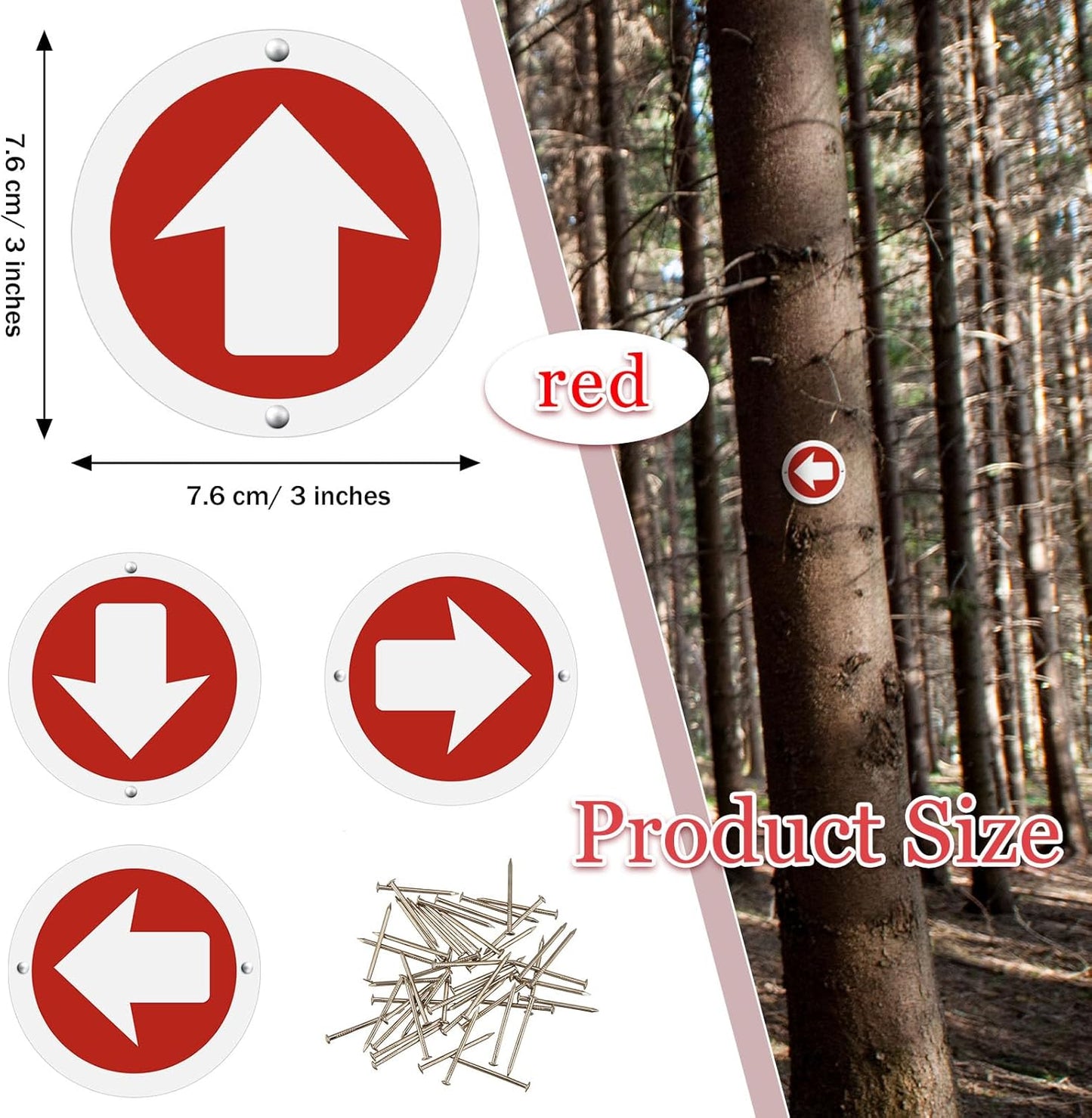 24 Pcs 3 Inch Round Trail Markers with Reflective Tacks Aluminum Arrow Sign Traffic Signs Wall Decor Marking Reflectors for Outdoor Camping Hiking Hunting Driving, Red