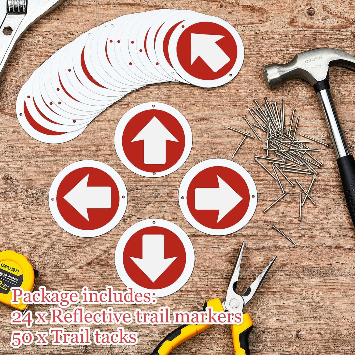 24 Pcs 3 Inch Round Trail Markers with Reflective Tacks Aluminum Arrow Sign Traffic Signs Wall Decor Marking Reflectors for Outdoor Camping Hiking Hunting Driving, Red