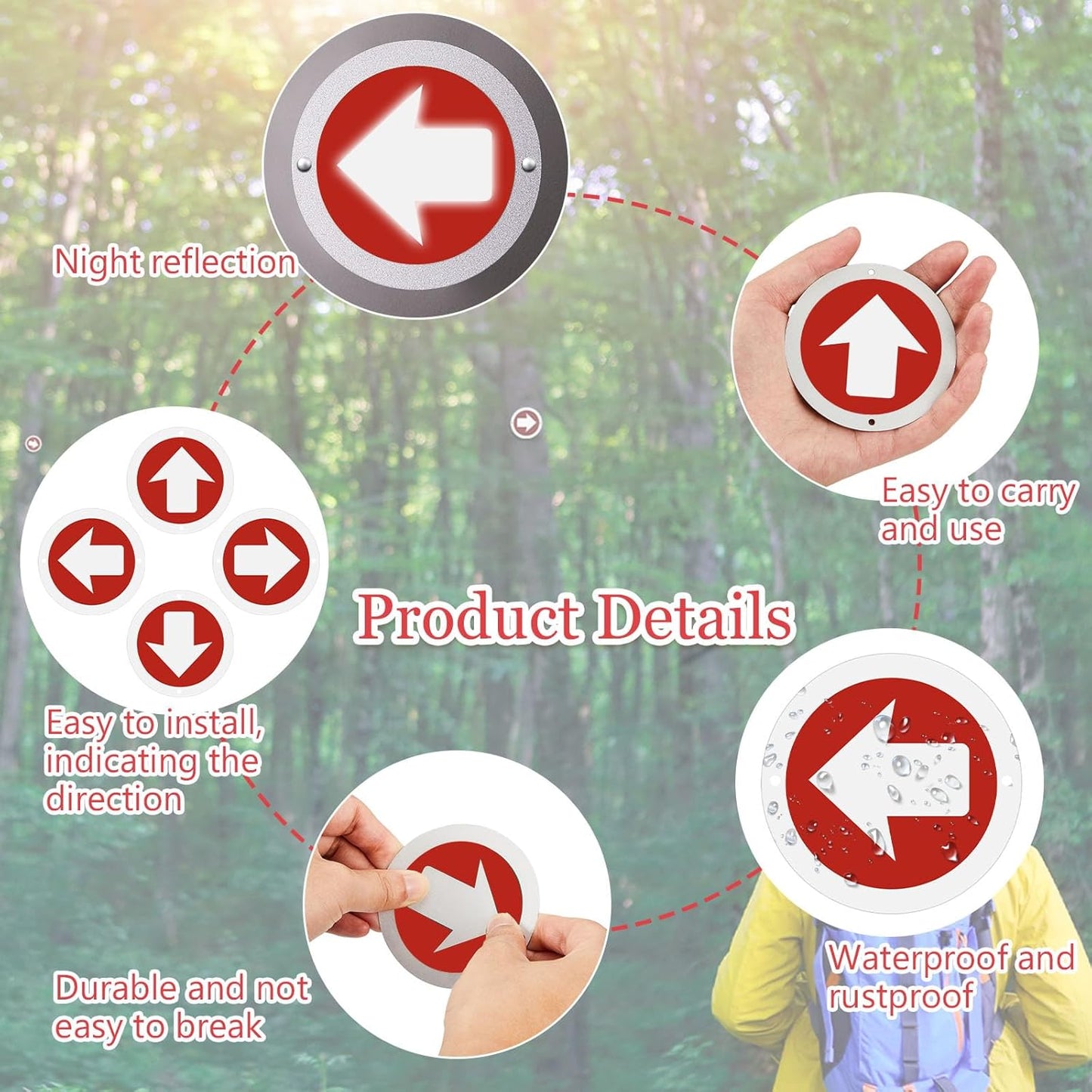 24 Pcs 3 Inch Round Trail Markers with Reflective Tacks Aluminum Arrow Sign Traffic Signs Wall Decor Marking Reflectors for Outdoor Camping Hiking Hunting Driving, Red