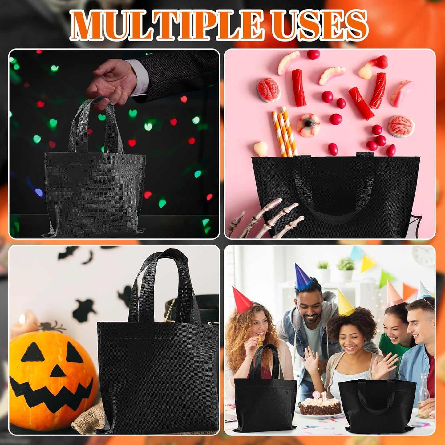80 Pack Non Woven Party Favor Bag 9.8'' Reusable Tote Bags Bulk with Handles for Birthday Supplies Black