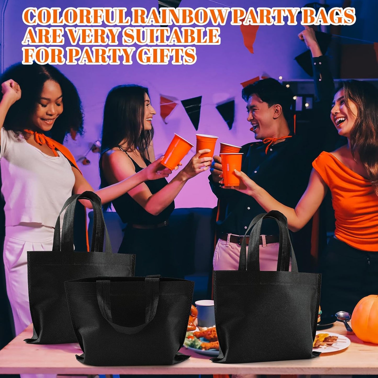 80 Pack Non Woven Party Favor Bag 9.8'' Reusable Tote Bags Bulk with Handles for Birthday Supplies Black