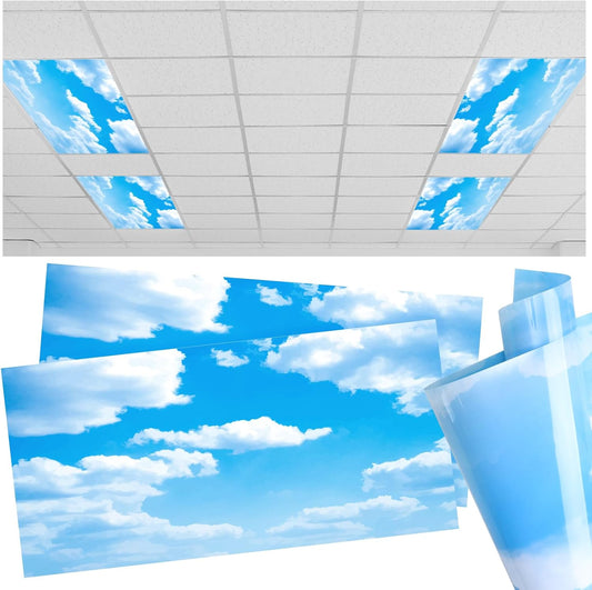 2 Pcs Fluorescent Light Covers Classroom Ceiling Panels Filters with Backlit Film Material for Office School Home Hospital Decor, 4 x Feet(Cloud) Blue and White