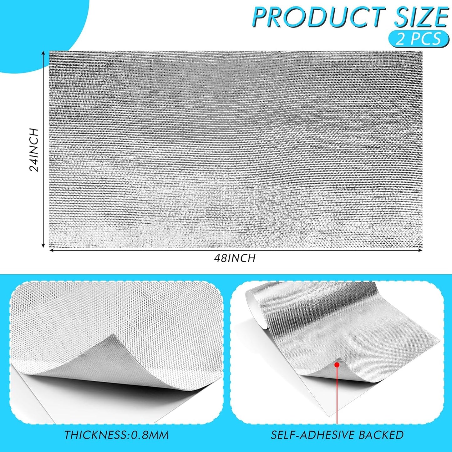 2 Pcs 24'' x 48'' Aluminized Heat Shield Thermal Barrier Adhesive Backed Blanket Wrap Fiberglass Insulation Reflective Material High Temp Protection for Exhaust Wood Fireplace Stove