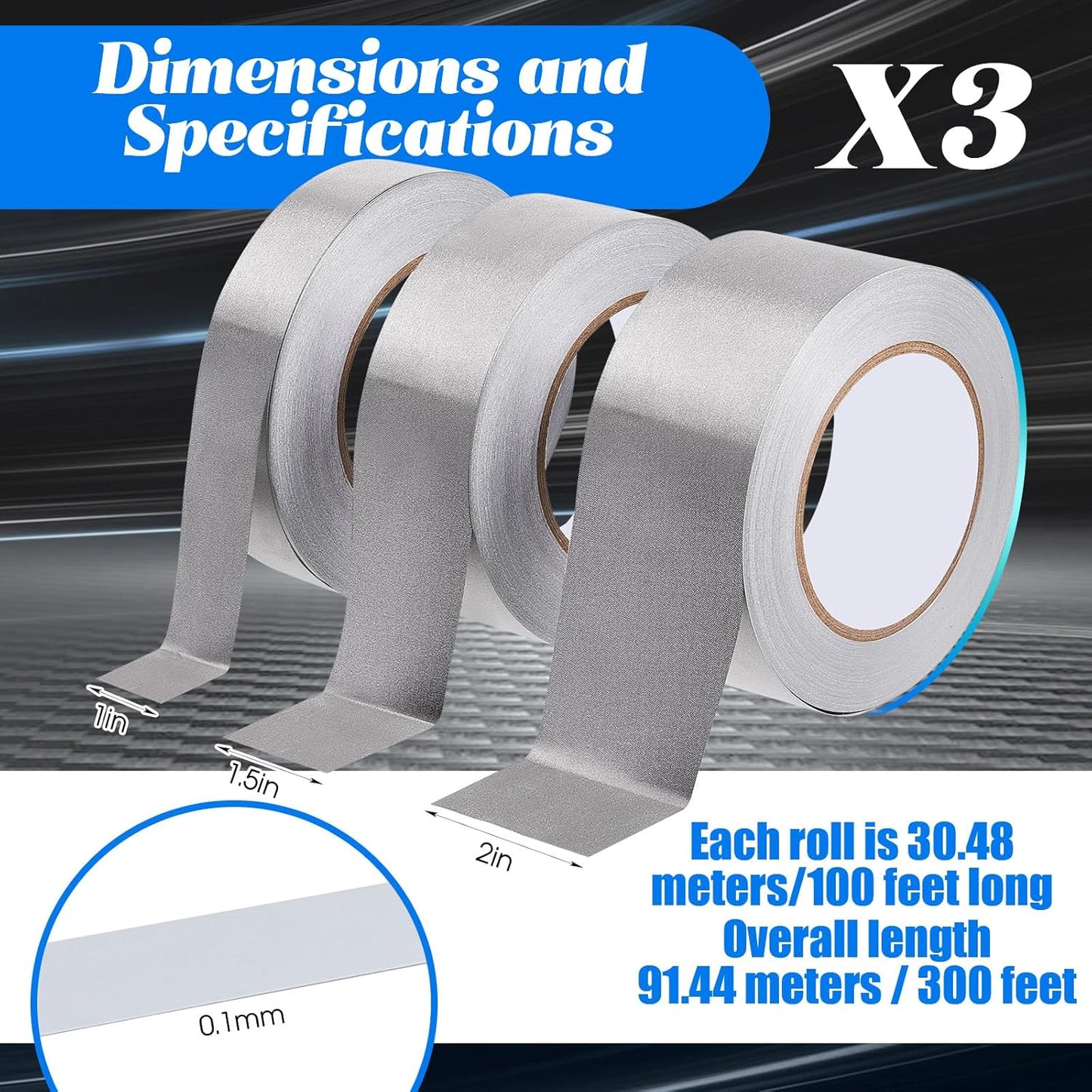 3 Roll Double Conductive Fabric Tape Cloth Adhesive Roll(1in x 100ft, 1.5in 2in 100ft)  1in 100ft
