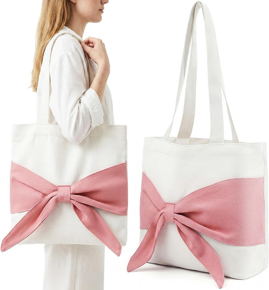 Coquette Pink Sculptural 3D Oversized Bow Canvas Tote Bag Women Cute Aesthetic Balletcore Preppy Shopping Work Gift White
