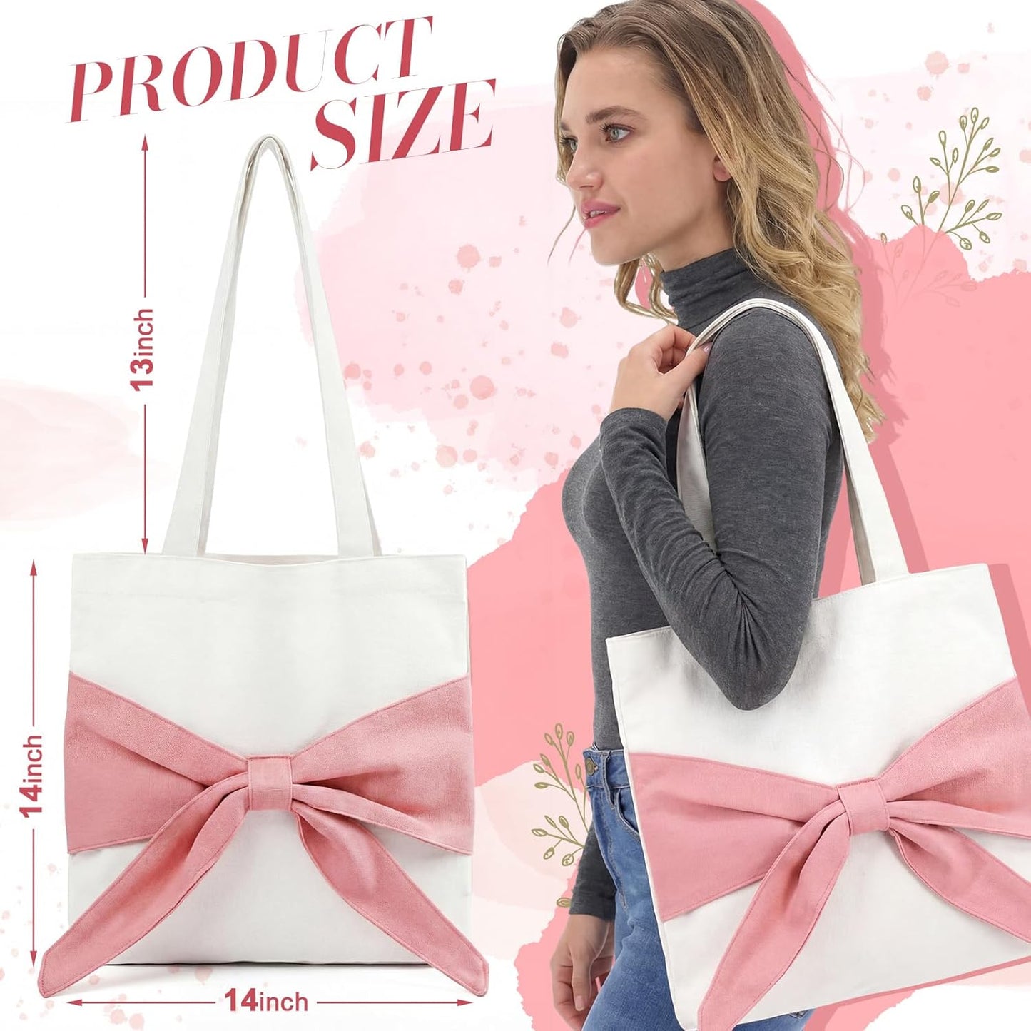 Coquette Pink Sculptural 3D Oversized Bow Canvas Tote Bag Women Cute Aesthetic Balletcore Preppy Shopping Work Gift White