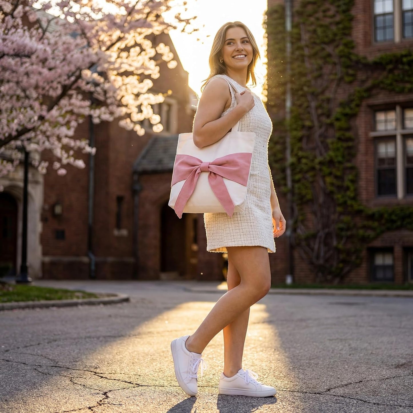 Coquette Pink Sculptural 3D Oversized Bow Canvas Tote Bag Women Cute Aesthetic Balletcore Preppy Shopping Work Gift White