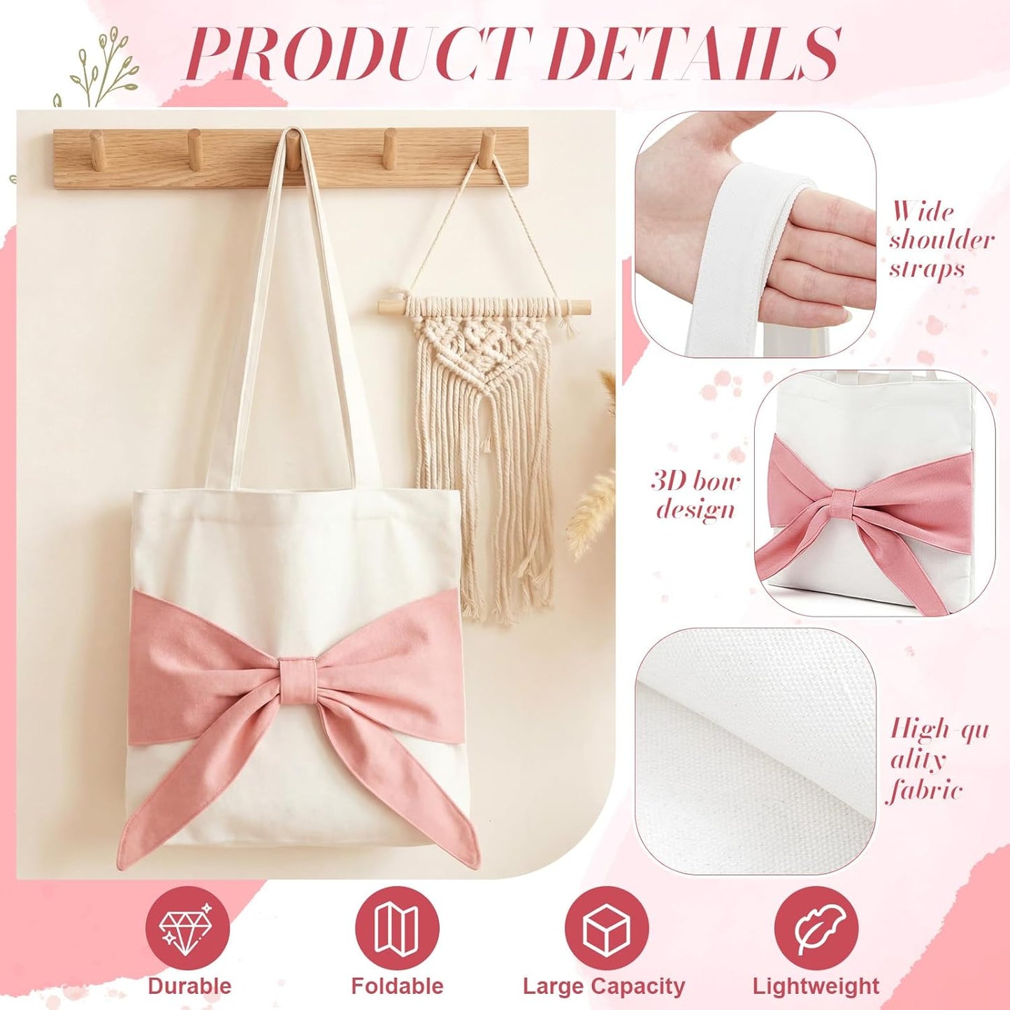 Coquette Pink Sculptural 3D Oversized Bow Canvas Tote Bag Women Cute Aesthetic Balletcore Preppy Shopping Work Gift White