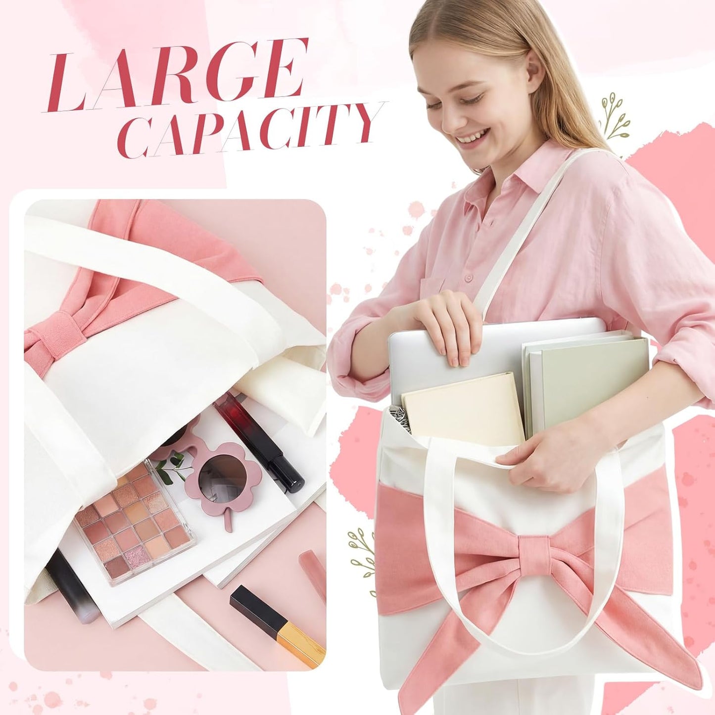 Coquette Pink Sculptural 3D Oversized Bow Canvas Tote Bag Women Cute Aesthetic Balletcore Preppy Shopping Work Gift White