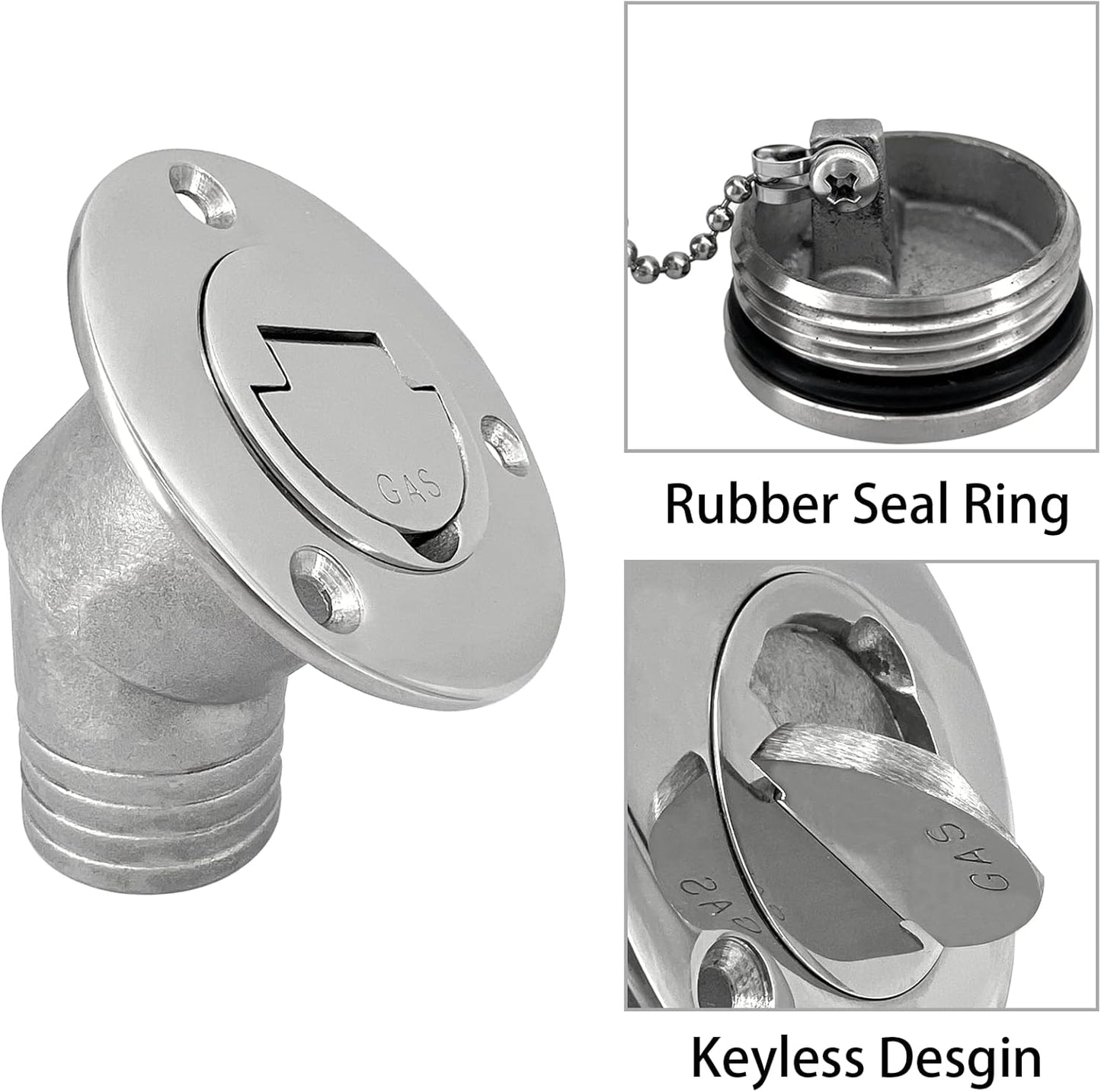 1-1/2"(38mm) Boat Gas Deck Fill/Filler with Keyless Cap Screws, Marine Mirror Polished 316 Stainless Steel Hardware Angled Neck for Yacht Caravan