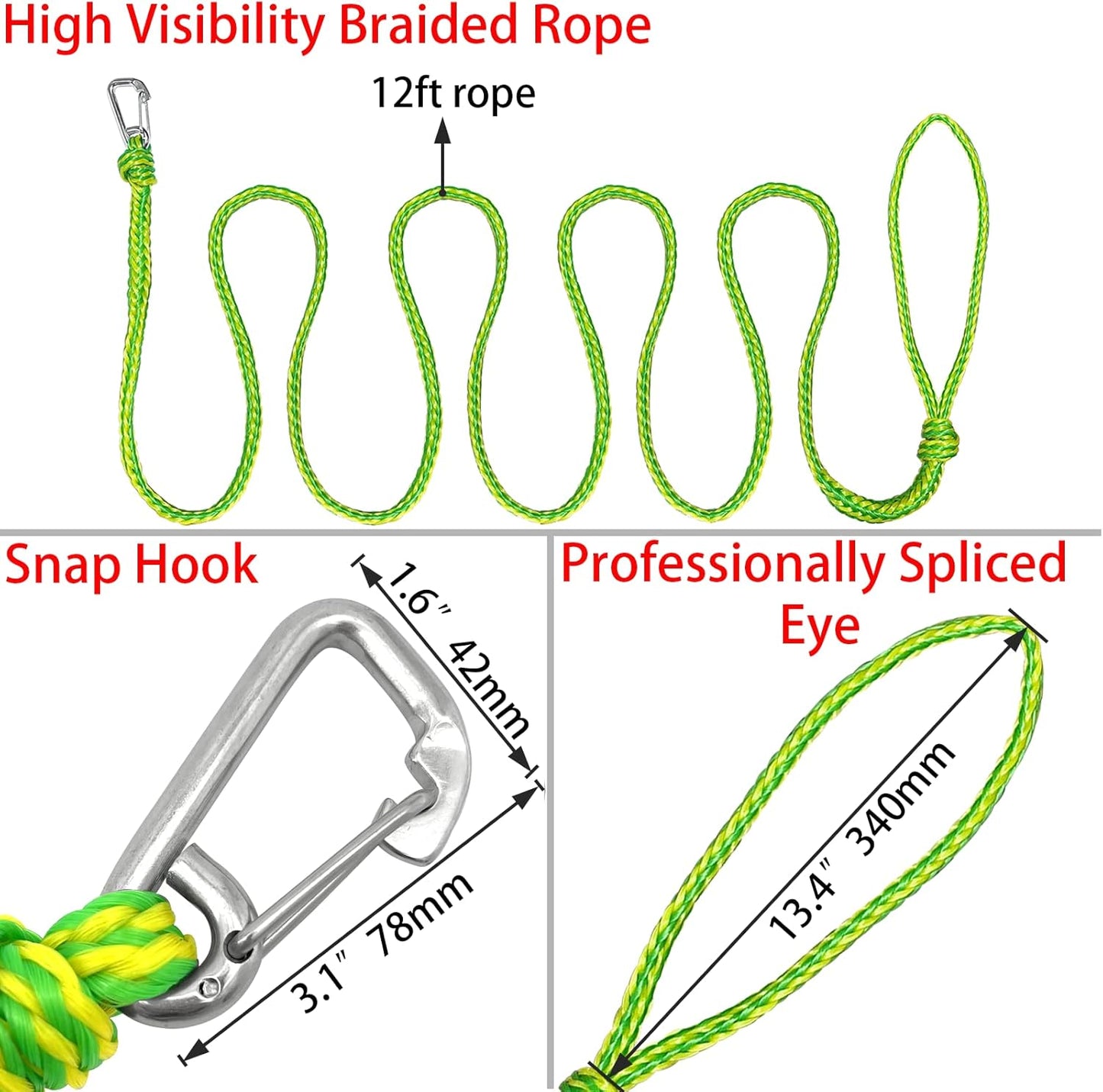Kayak Tow Rope with Clip Dock Lines Heavy Duty Braided Line Ideal for Jet ski,watercraft Boat, Kayaking, Marine Sets of Two Ropes 1/2 Inch Diameter x 12 ft Lengths Geen