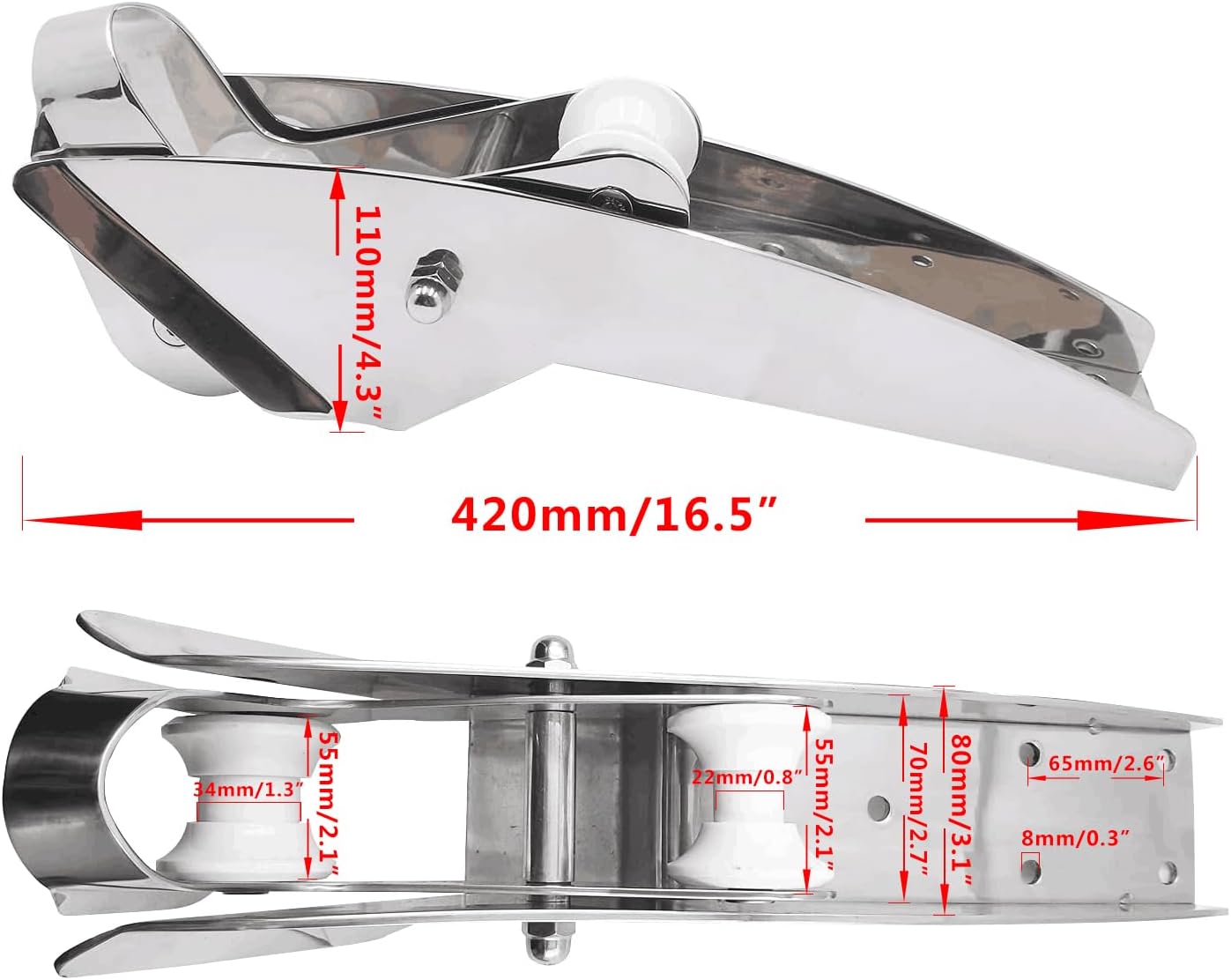 AISI 316 Stainless Steel Hinged Self-Launching Bow Anchor Roller with pivoting Dual-Roller 16.5'' for Marine Yacht Docking Accessories