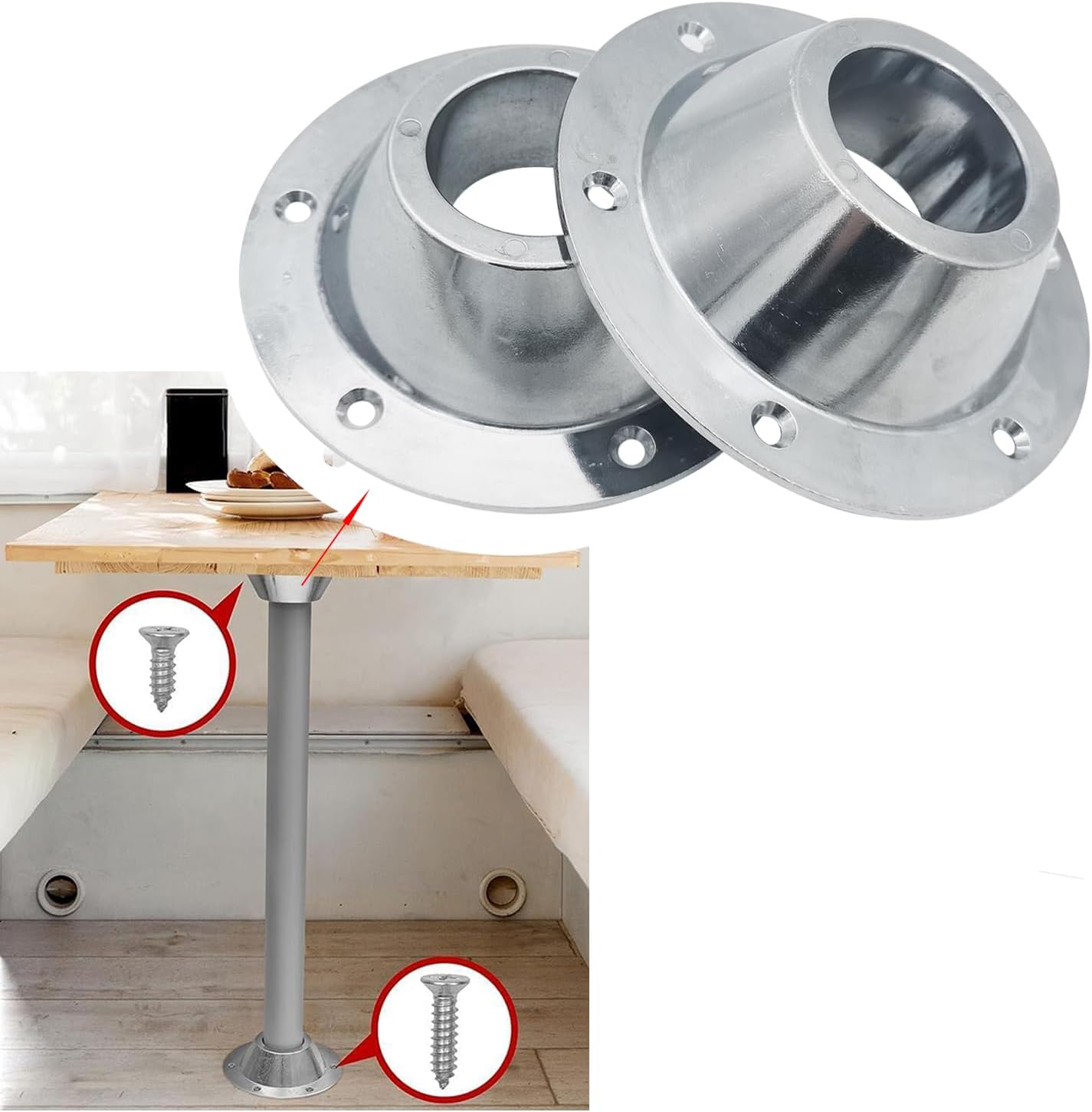 2 Pack Sliver Aluminum RV Table and Floor Mounting Base,RV Pedestal Base Flange, 6 Holes with Screws for Camper Trailer