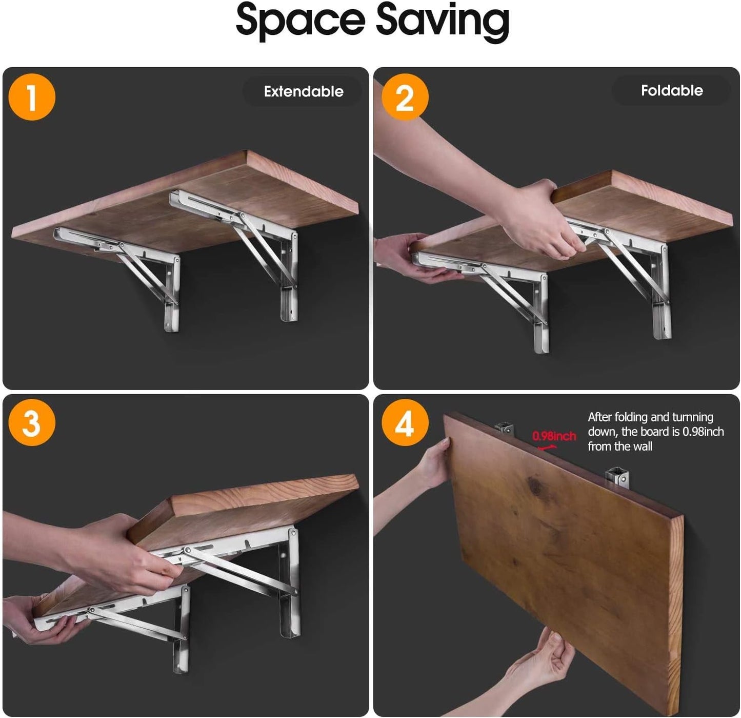 2 PCS Heavy Duty Stainless Steel Folding Shelf Bench Table Bracket, Max Load: 660lb/300kg, Long Release Arm 12 Inch