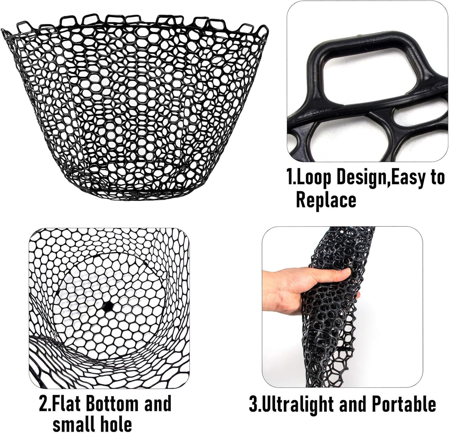 Fishing Nets Silicone Replacement Netting, Clear Black Fly Ice Net Landing Kayak Without Handle for Freshwater Saltwater Foldable Soft Flexible Trout Mesh 4025