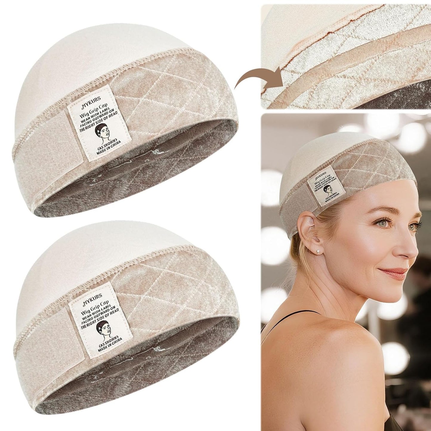 Wig Grip Cap with Silicone Strip to Keep Wigs in Place, 2-in-1 Soft Comfortable Caps for Women Non Slip, Nude 2 PCS