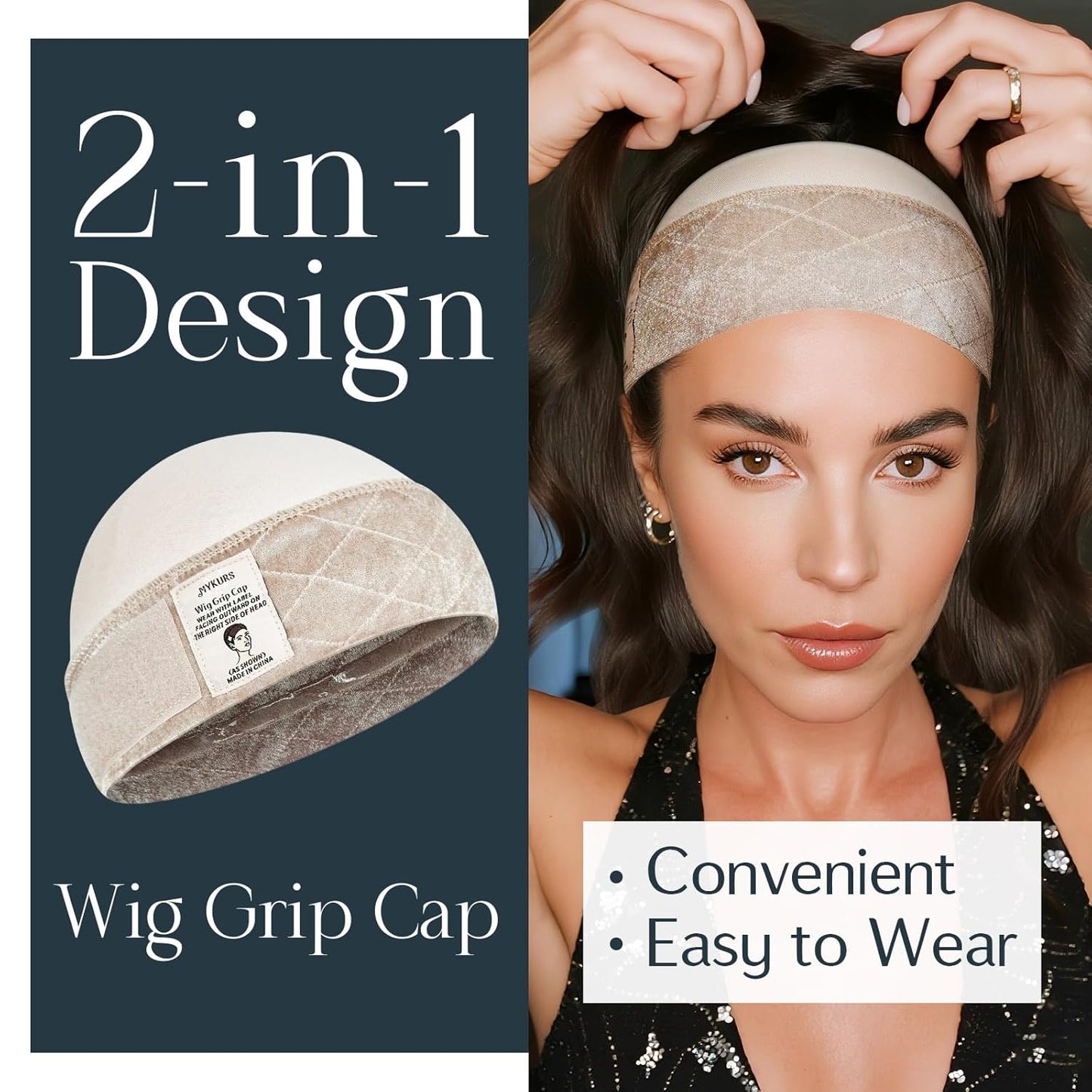 Wig Grip Cap with Silicone Strip to Keep Wigs in Place, 2-in-1 Soft Comfortable Caps for Women Non Slip, Nude 2 PCS