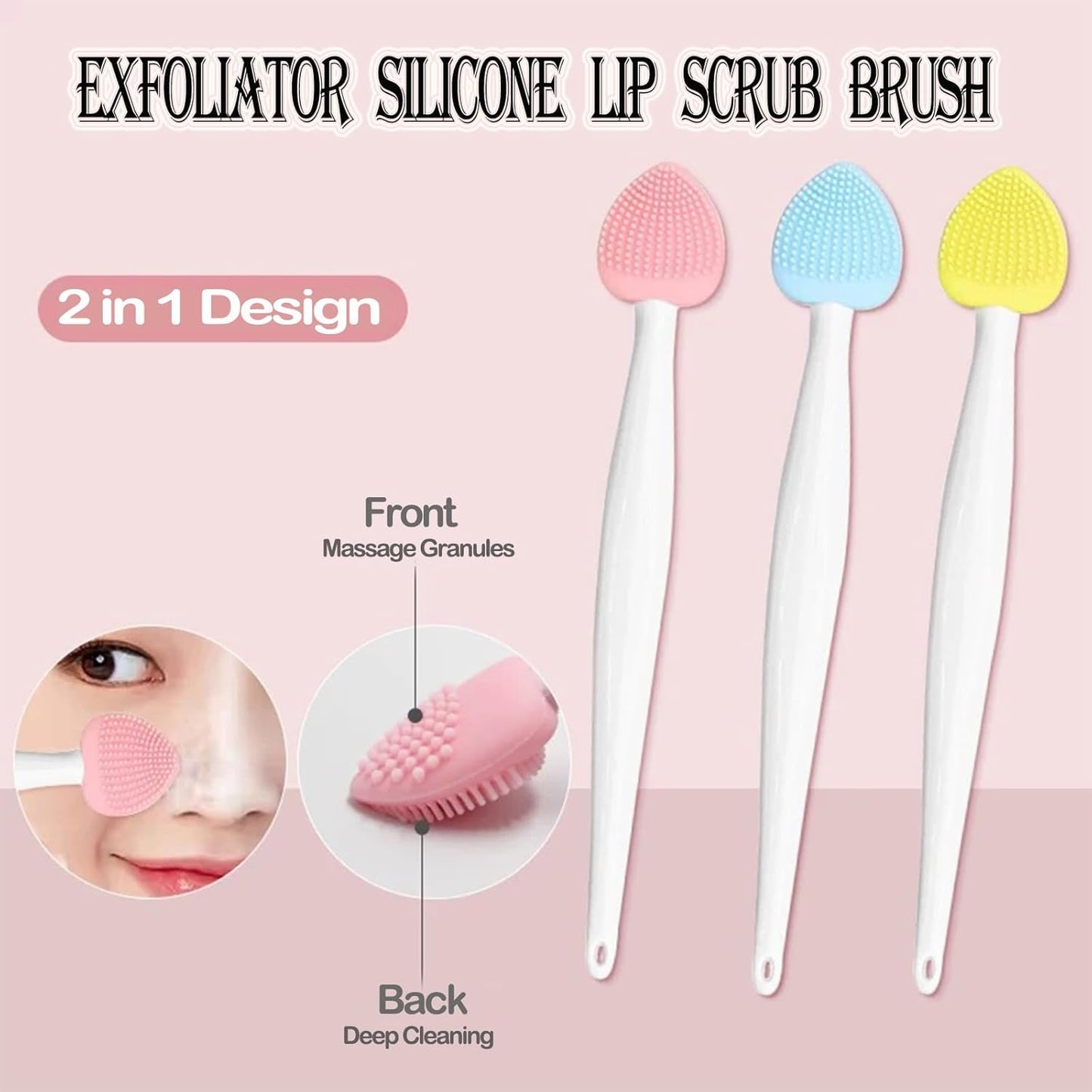 Lip Scrub Brush Tool,Double-Sided Silicone Exfoliating Brushes Kits,Gentle Exfoliator Scrubber for Smooth,Soft,Bright,Fuller Healthy Lips (3 Colors) Heart - 3 Colors