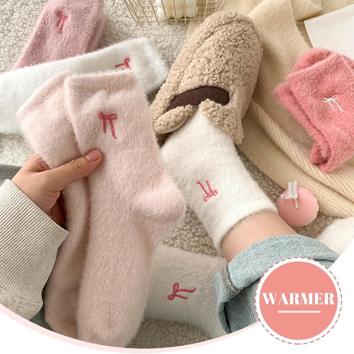 5 Pairs Fluffy Cosy Socks Ladies With Bow, Warm Winter Socks, Thick Furry For Home, Thermal Ladies, Soft Sleep