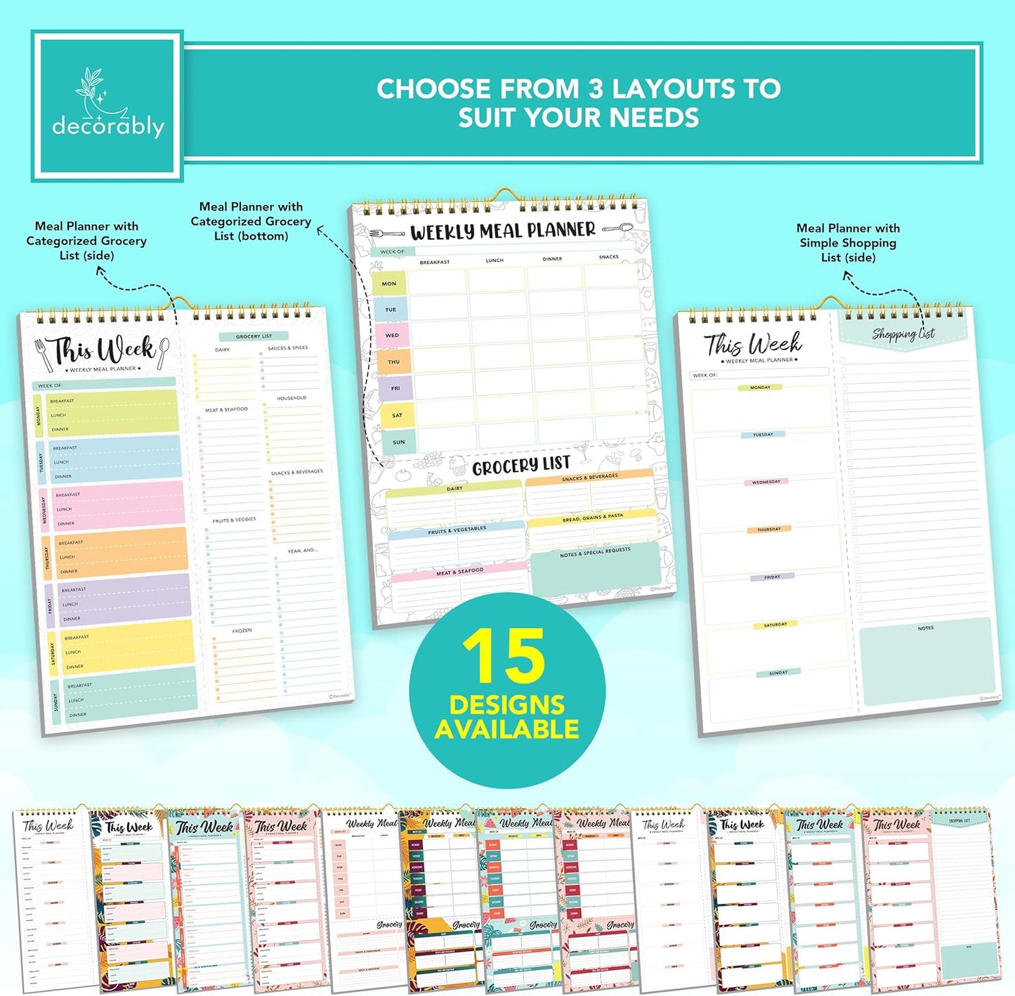 Petluno 52 Sheets Pastel Rainbow Undated Magnetic Weekly Meal Planner for Fridge with Grocery List and 4 Strong Magnets - 7x10in Spring-Bound, Refrigerator Mountable, Easy Tear-Off Design